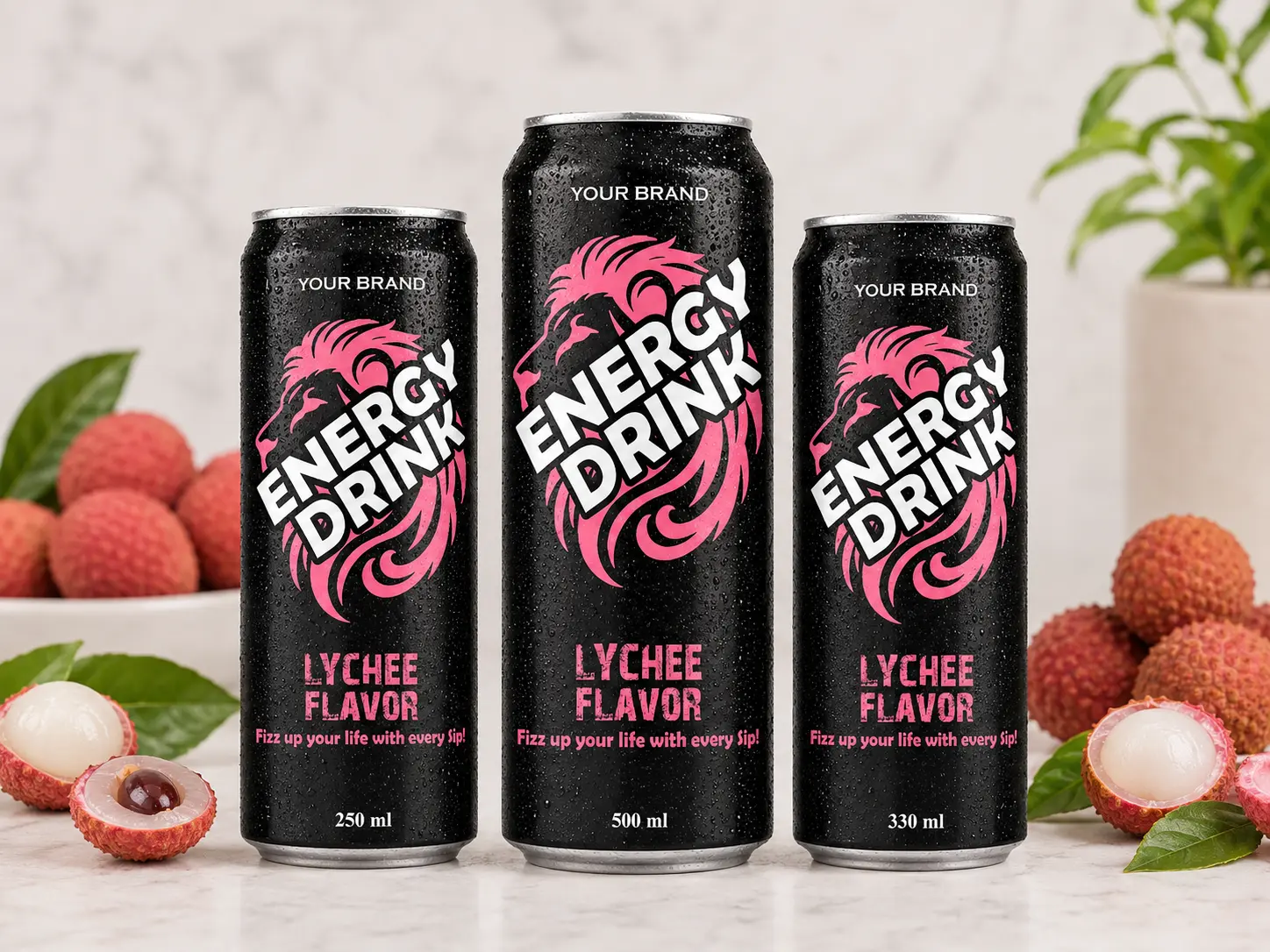 ENERGY DRINK Lychee Flavor 250ml, 500ml and 330ml cans.